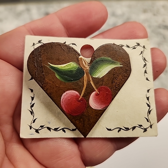 Primitive Folk Art Heart Shaped Brooches With Images of a Lamb, Cherry, & Cottag - Picture 3 of 10